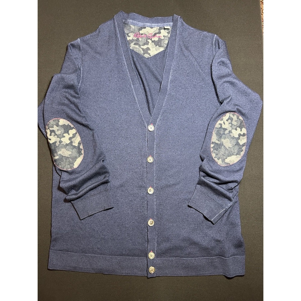 Robert Graham Mens Blue Camo Elbow Patch Wool Silk Button Cardigan Sweater XL